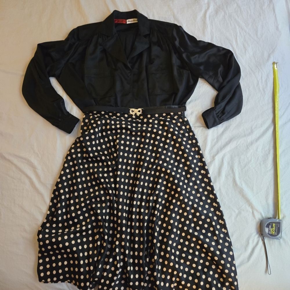 Vintage Valentino Amen Wardy Polka Dot Skirt Collared Blouse Rhinestone Bow Belt